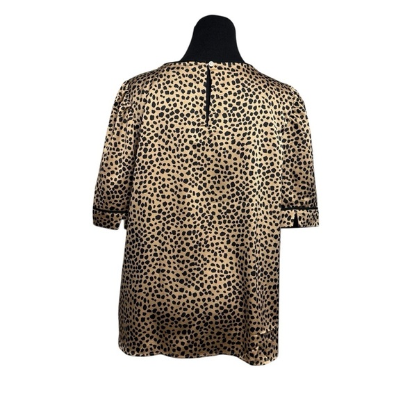 LOFT Blouse Top Cheetah Print Brown Black Short Sleeve Soft Silky Keyhole SZ L - Picture 2 of 8